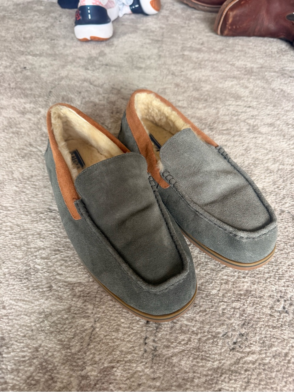 Men's Suede Slip-On Loafers with Faux-Shearling in Gray and Tan